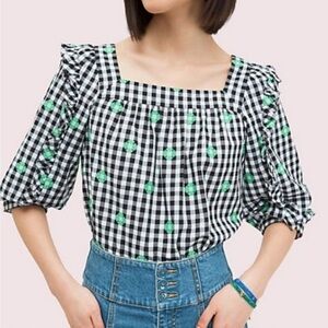 Kate Spade Gingham Voile Spade Clover Embroidered Top